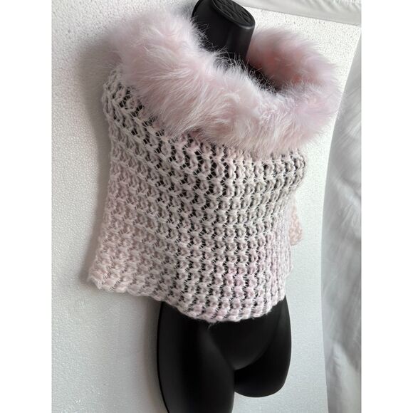 Pink Knit Faux Fur Trim Cover Top One Size Barbiecore Scarf Poncho Girly Y2K - Picture 4 of 9